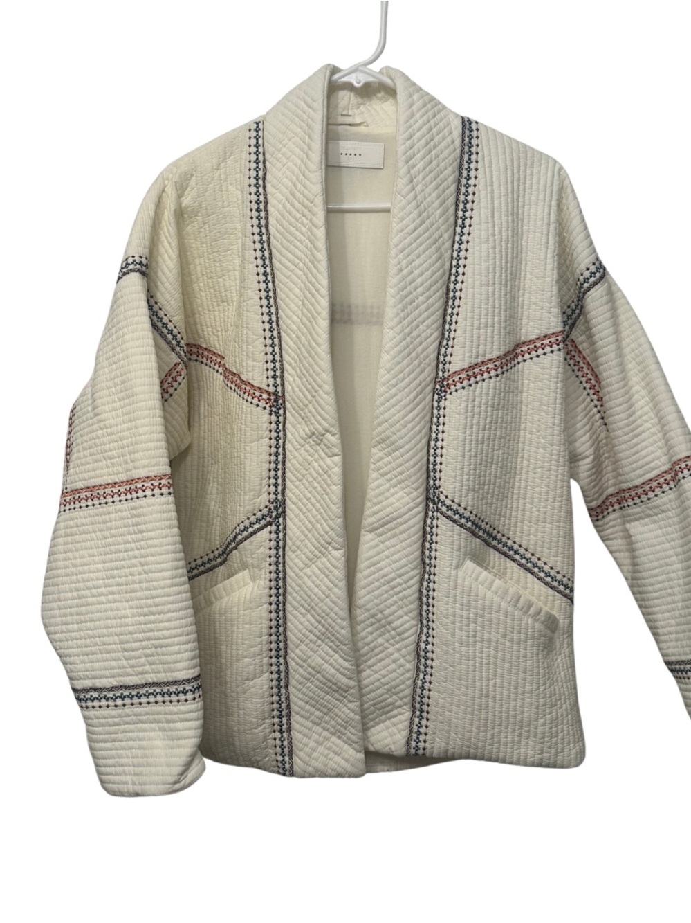 Evereve Boutique Quilted Embroidered Open Front Jacket Cream Boho Women’s M